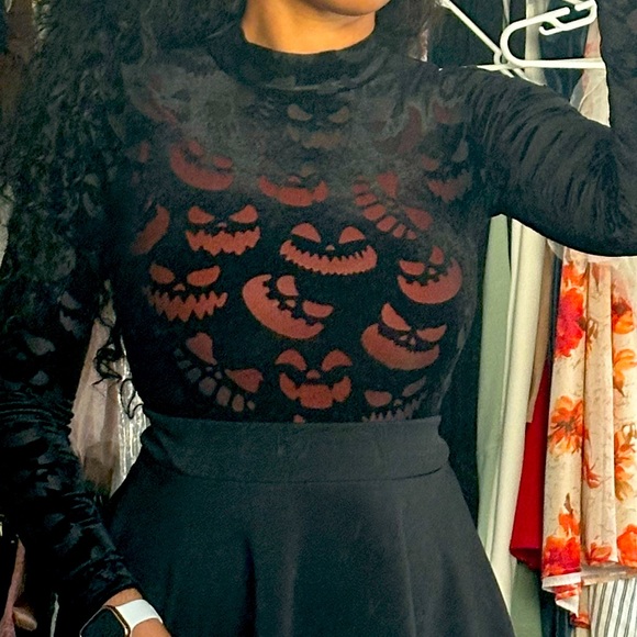 Blackmilk Clothing Long Sleeve Velvet Jack O’ Lantern Sheer Bodysuit - Picture 2 of 4